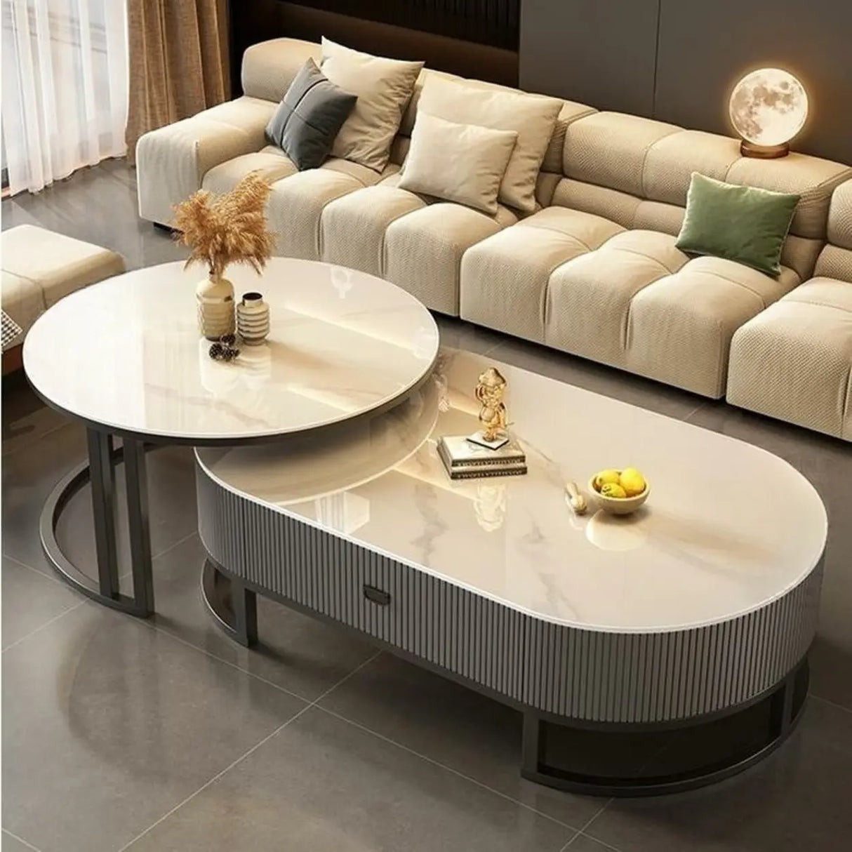Glam Oval Stone Top Storage Nesting Coffee Table Image - 25