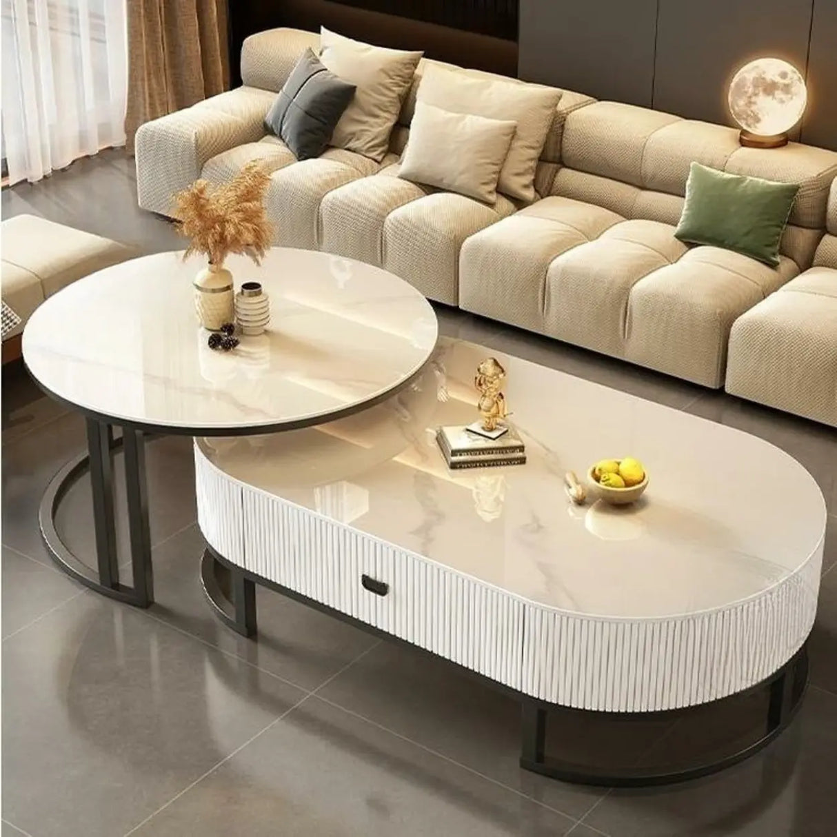 Glam Oval Stone Top Storage Nesting Coffee Table Image - 26