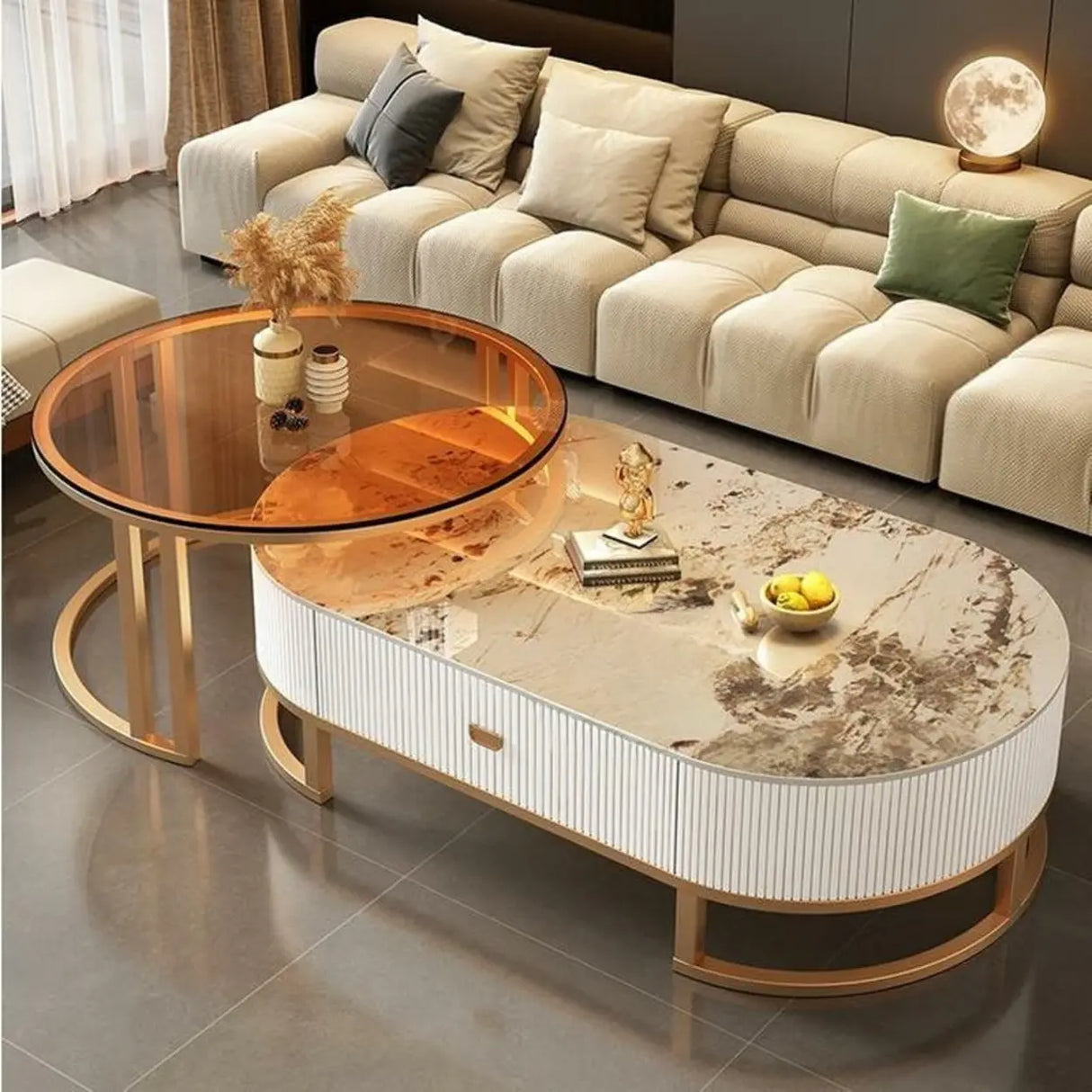 Glam Oval Stone Top Storage Nesting Coffee Table Image - 27