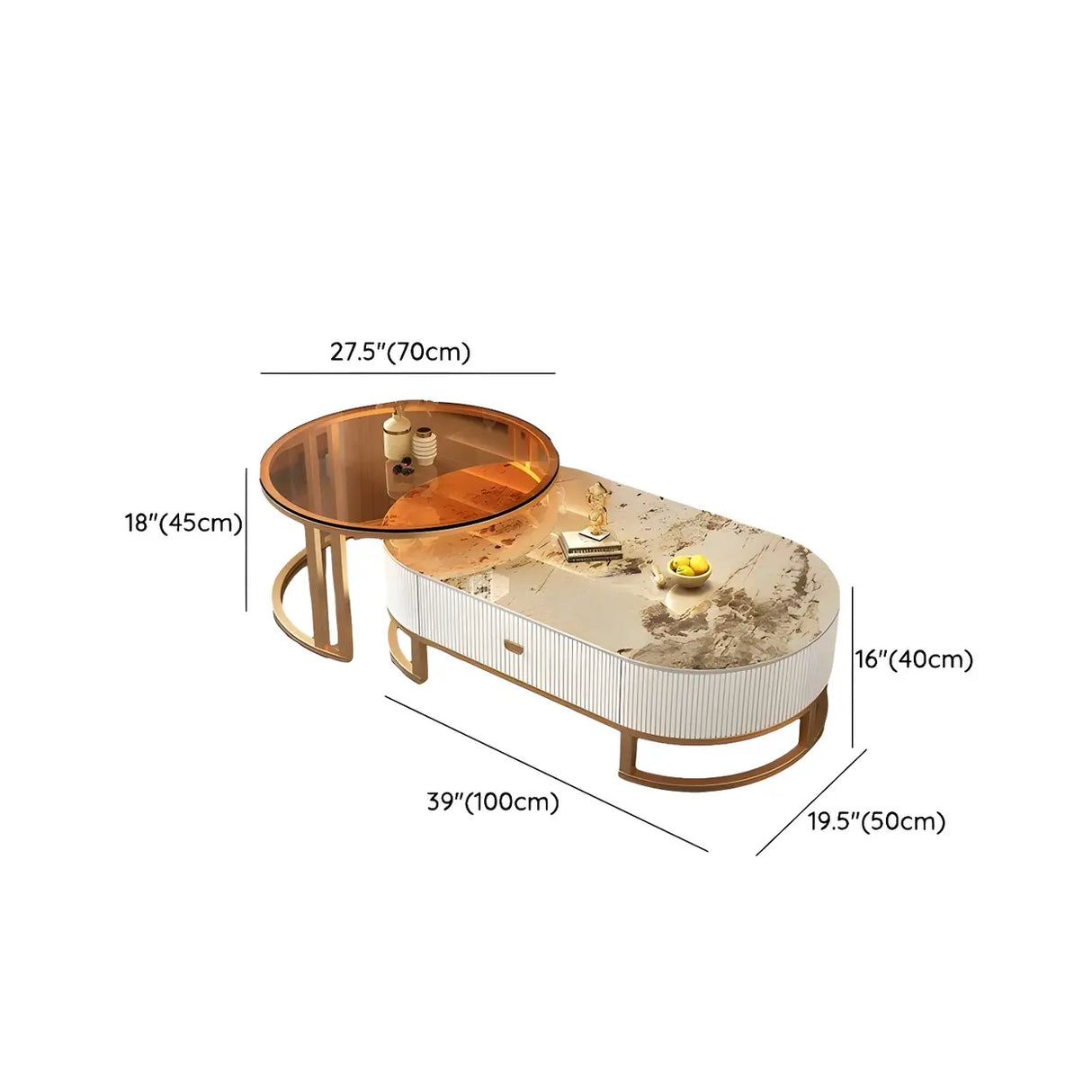 Glam Oval Stone Top Storage Nesting Coffee Table 
