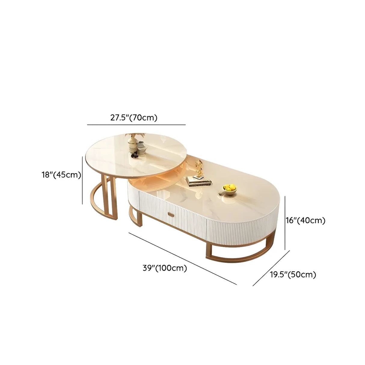 Glam Oval Stone Top Storage Nesting Coffee Table Image - 29