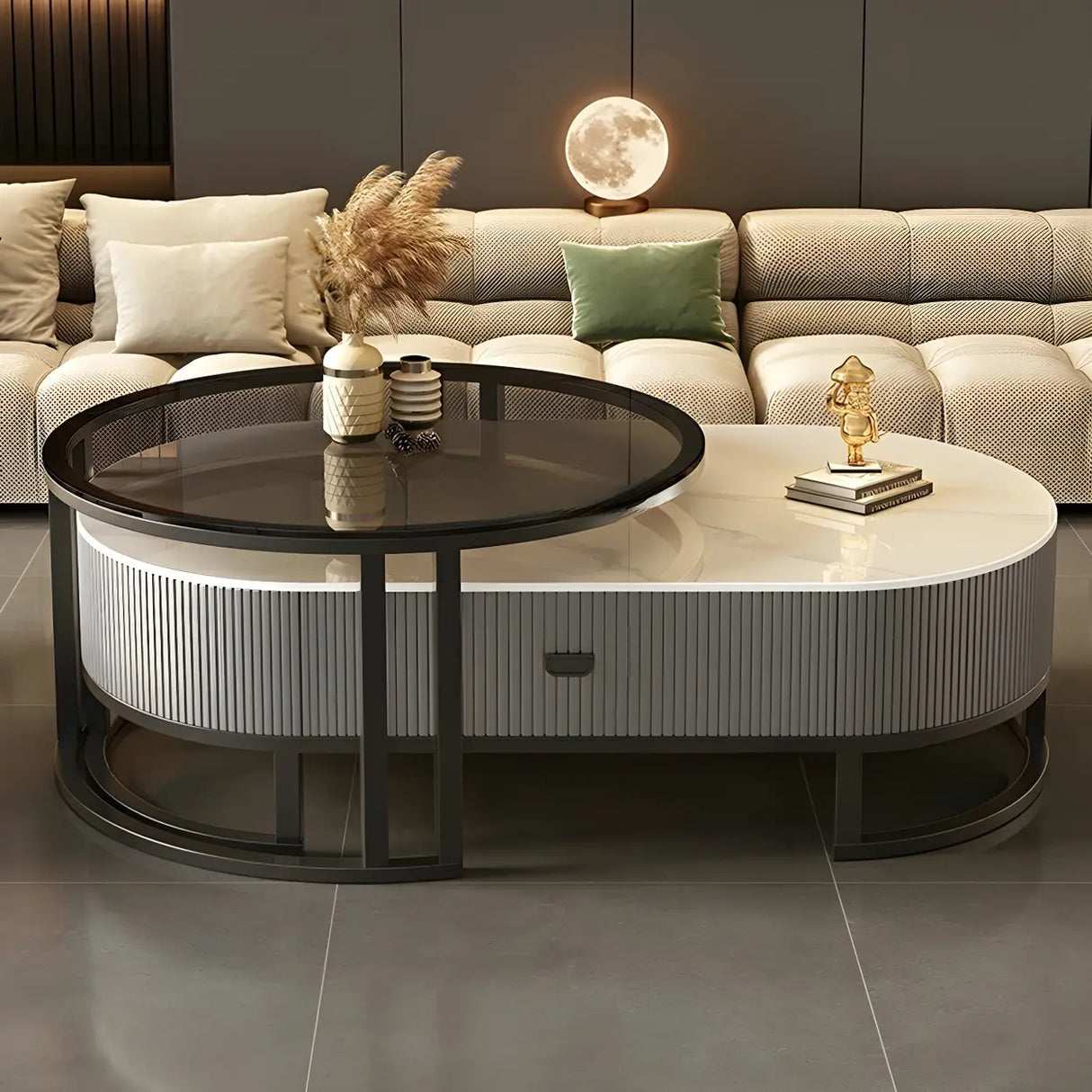 Glam Oval Stone Top Storage Nesting Coffee Table Image - 3