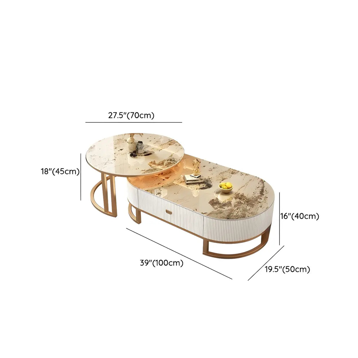 Glam Oval Stone Top Storage Nesting Coffee Table Image - 30