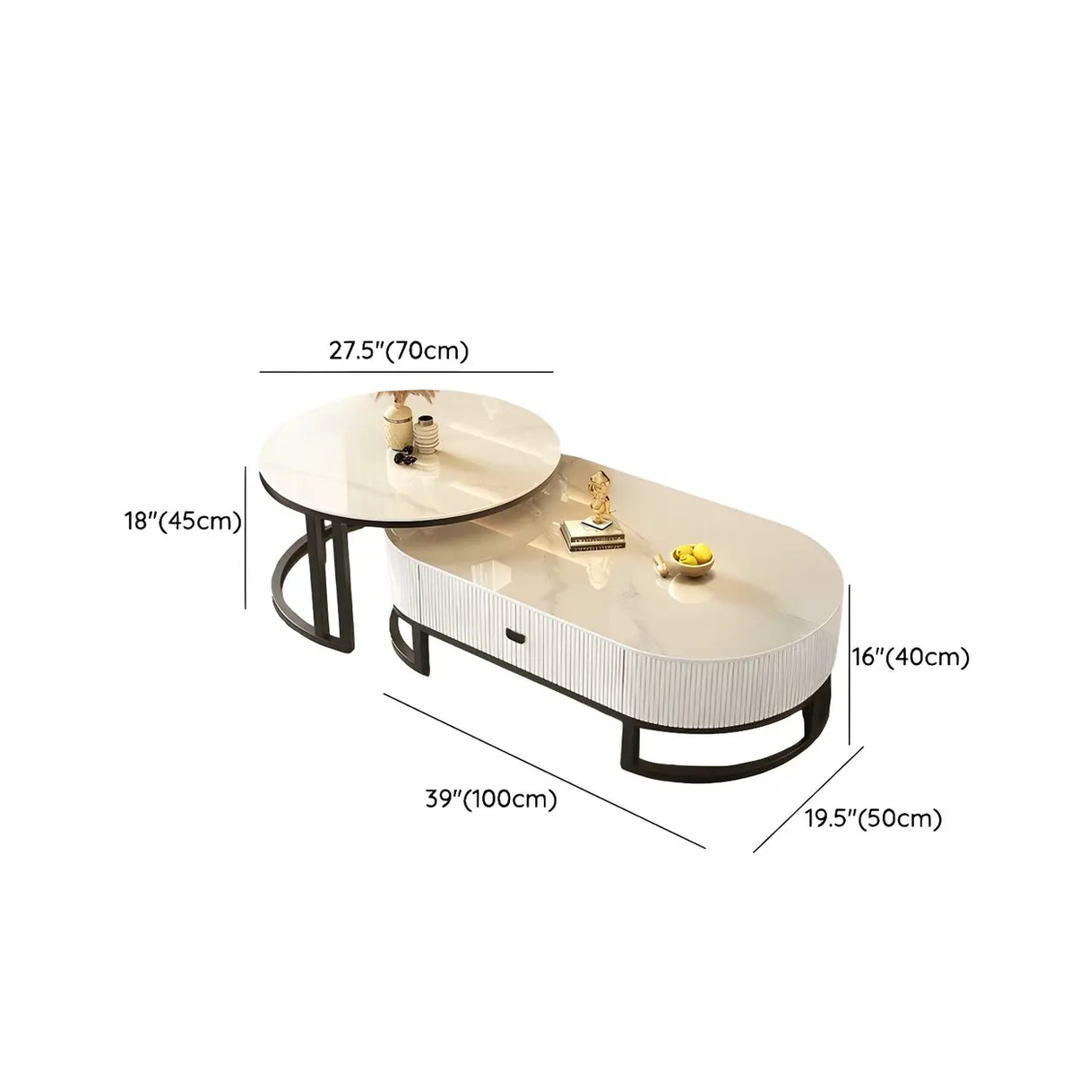 Glam Oval Stone Top Storage Nesting Coffee Table Image - 35