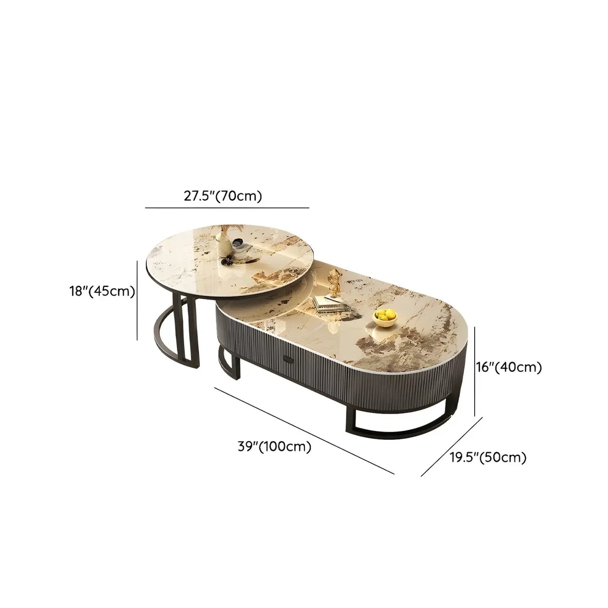 Glam Oval Stone Top Storage Nesting Coffee Table Image - 36