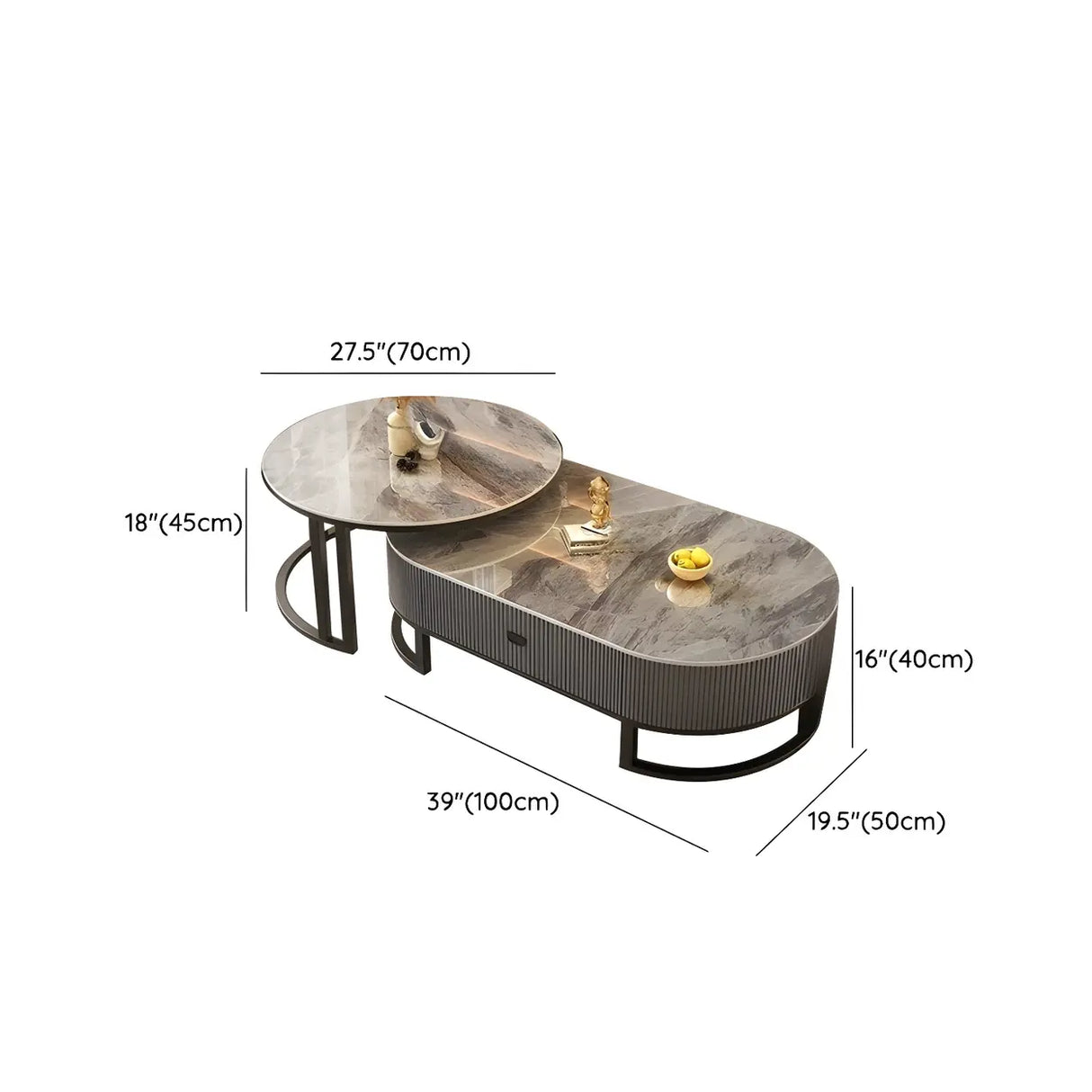 Glam Oval Stone Top Storage Nesting Coffee Table Image - 37