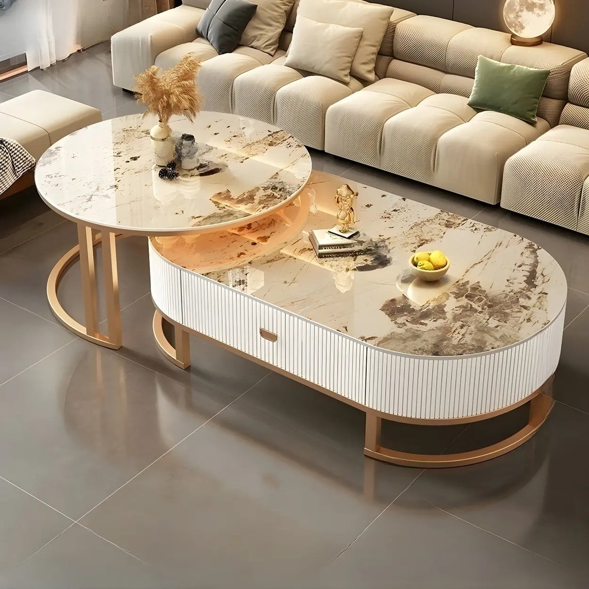 Glam Oval Stone Top Storage Nesting Coffee Table Image - 4