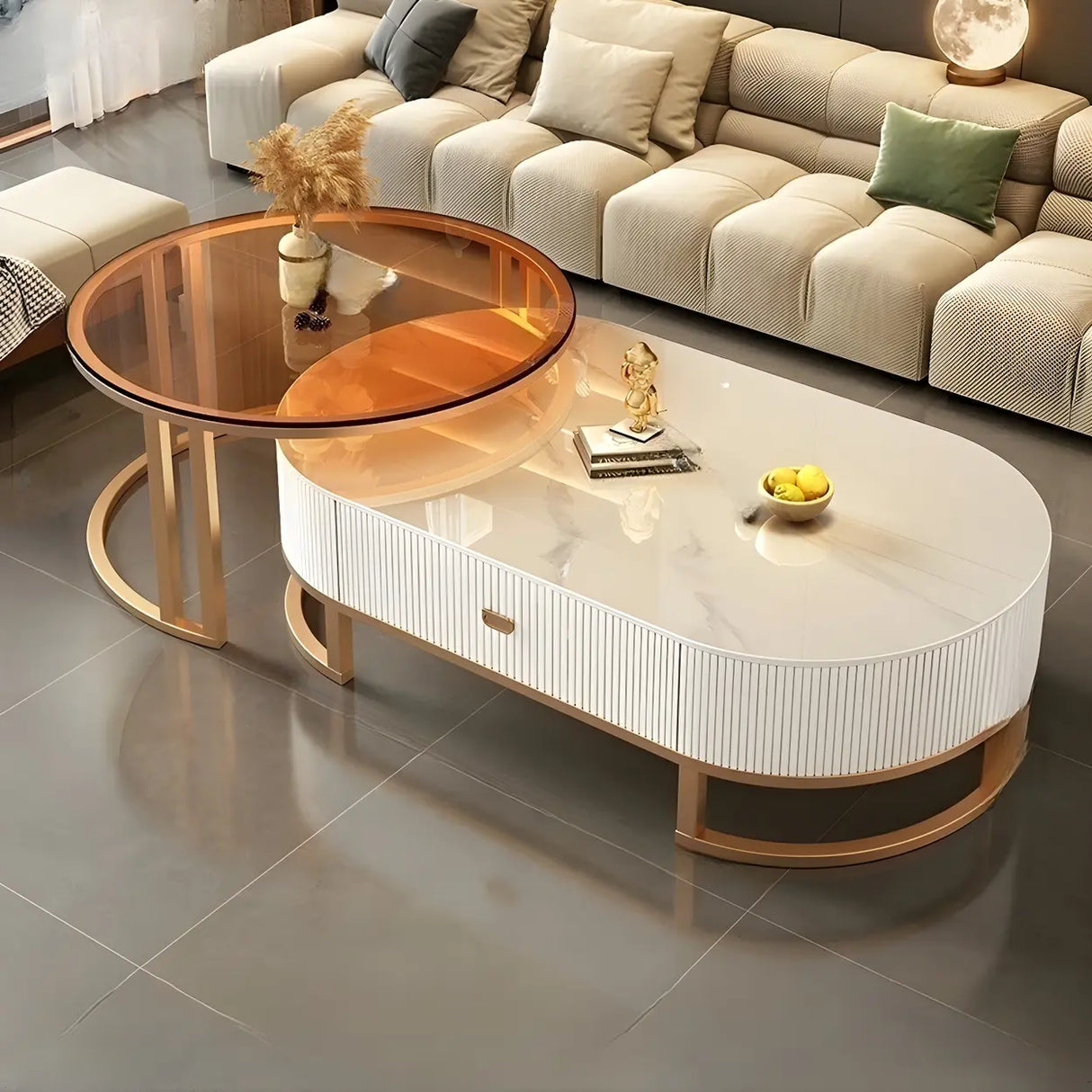 Glam Oval Stone Top Storage Nesting Coffee Table Image - 5