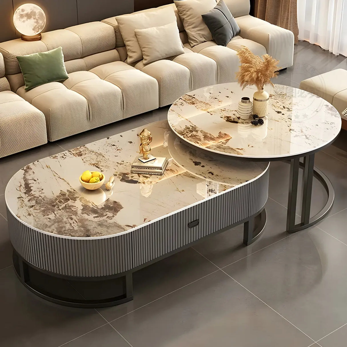 Glam Oval Stone Top Storage Nesting Coffee Table Image - 6