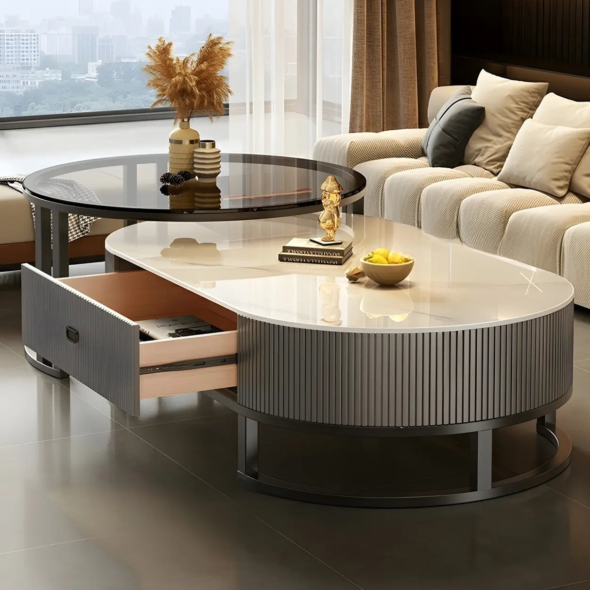 Glam Oval Stone Top Storage Nesting Coffee Table Image - 7
