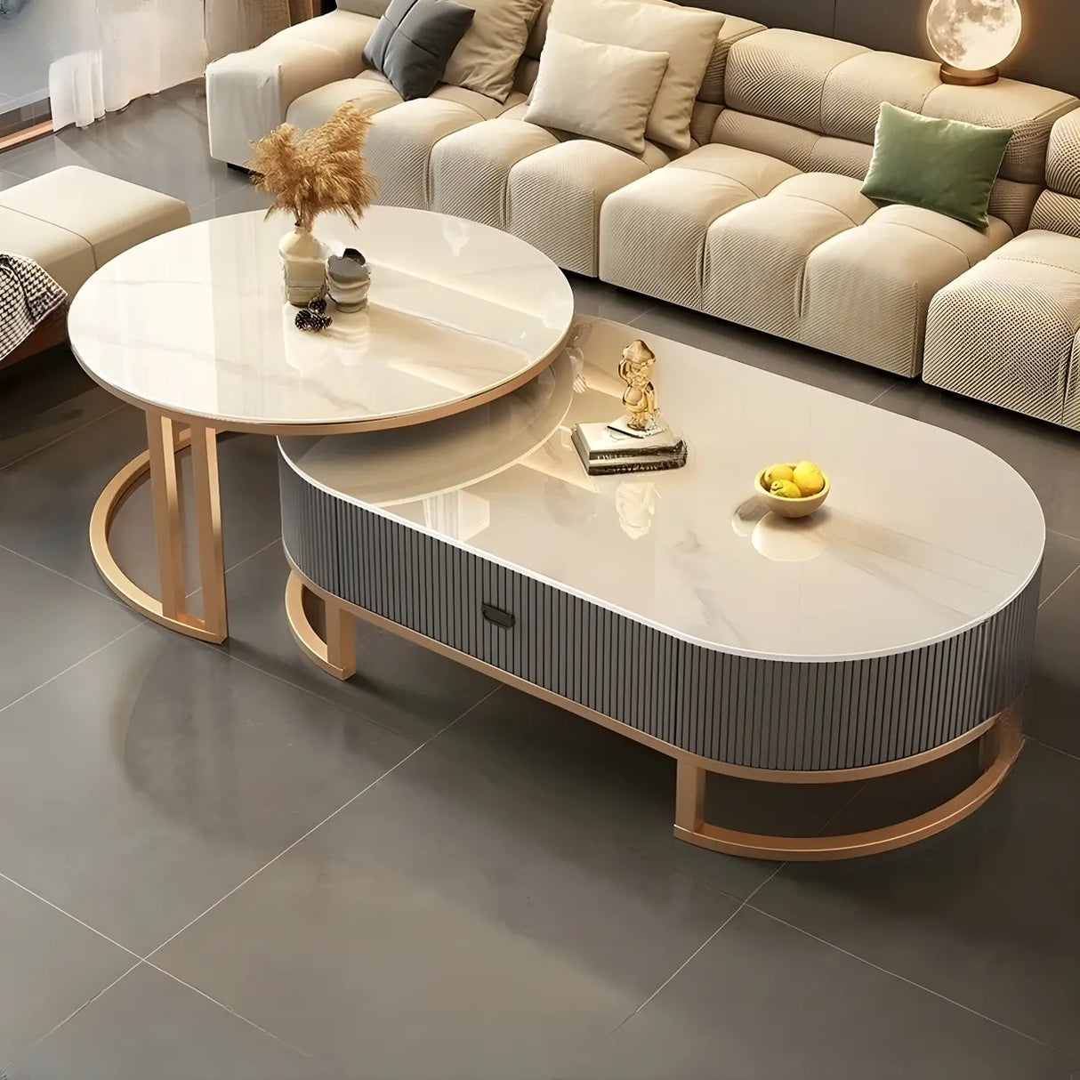 Glam Oval Stone Top Storage Nesting Coffee Table Image - 8