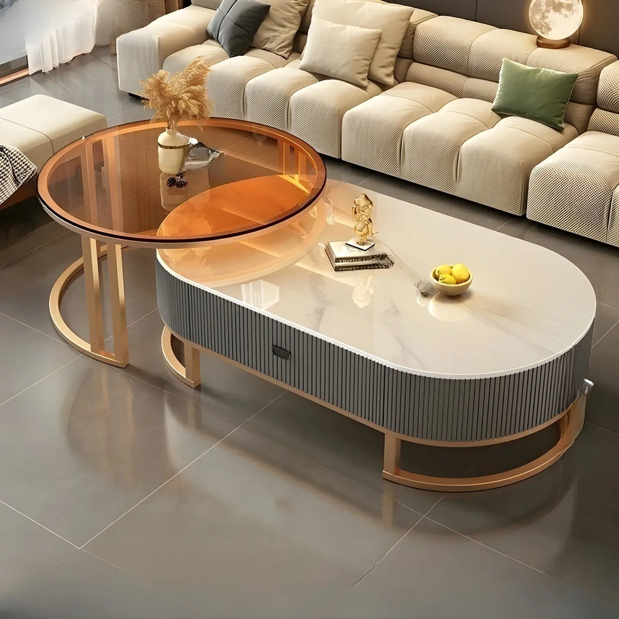 Glam Oval Stone Top Storage Nesting Coffee Table Image - 9