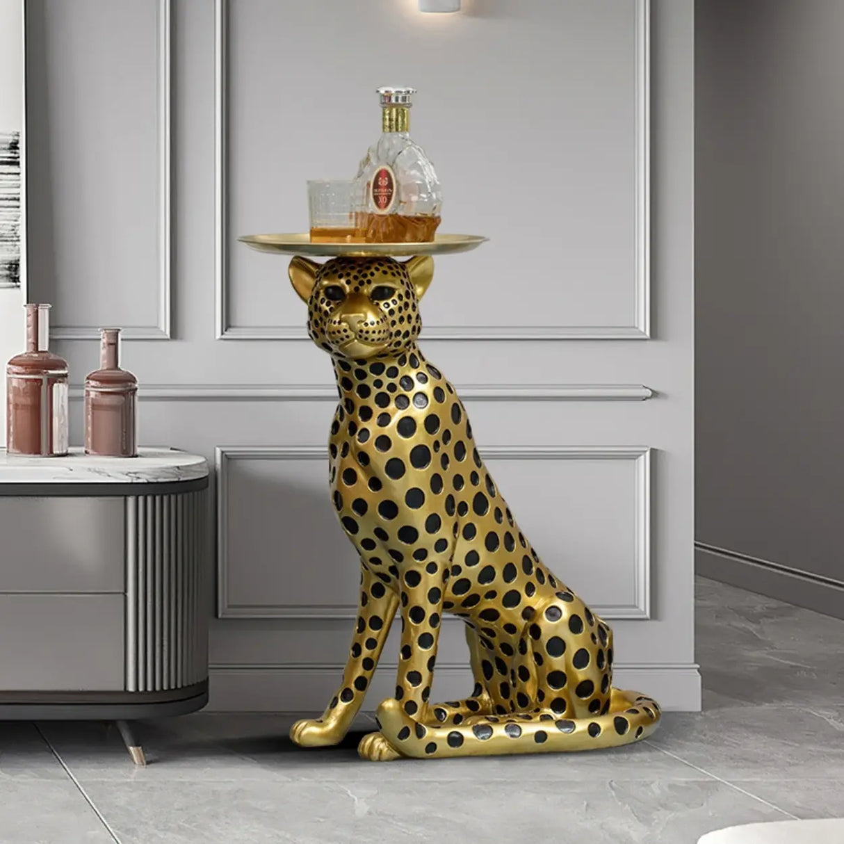 Glam Panther Sculpture Resin Gold Decorative Side Table Image - 3