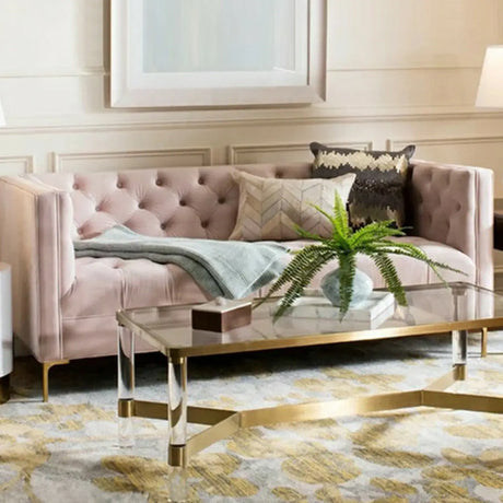 Glam Pinkish Red Velvet Tuxedo Arm Tufted Back Sofa Image - 1