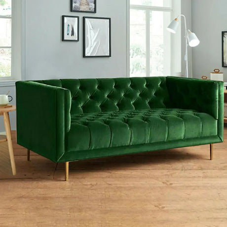 Glam Pinkish Red Velvet Tuxedo Arm Tufted Back Sofa Image - 2