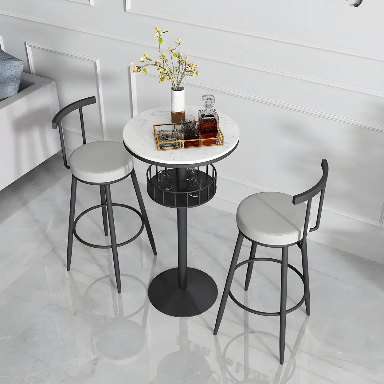 Glam Small Marble Metal Bar Table with Shelf Image - 1