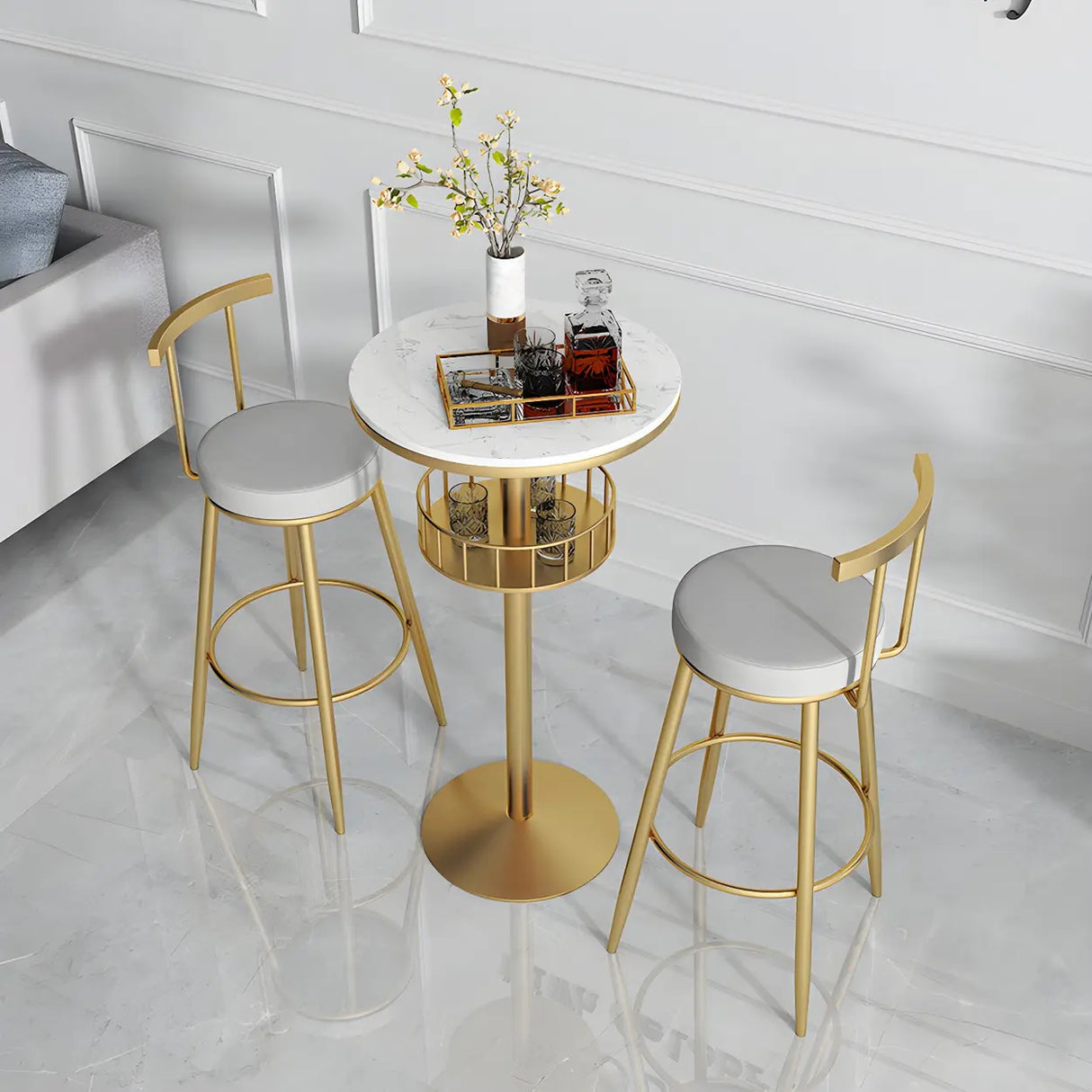 Glam Small Marble Metal Bar Table with Shelf Image - 3