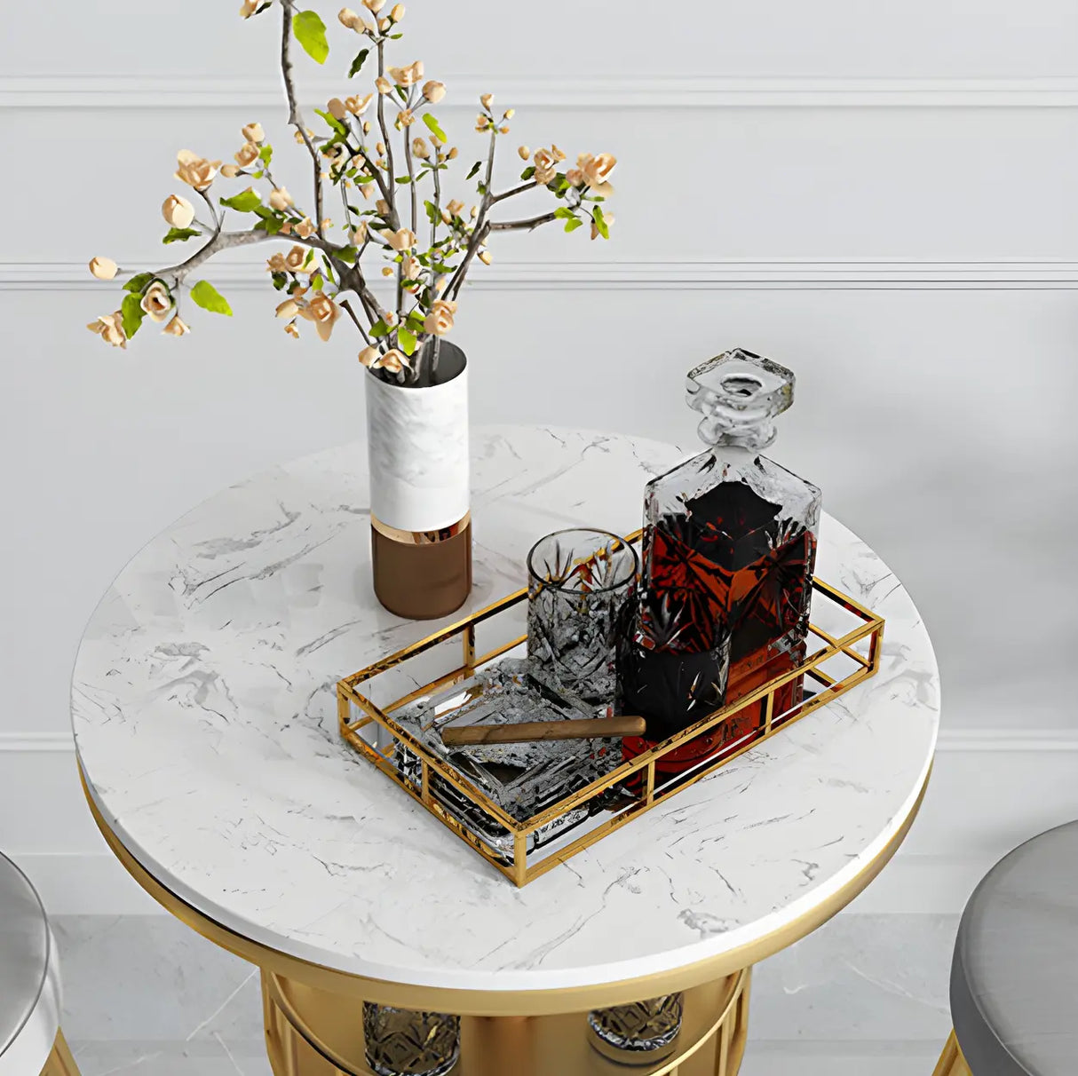 Glam Small Marble Metal Bar Table with Shelf Image - 5