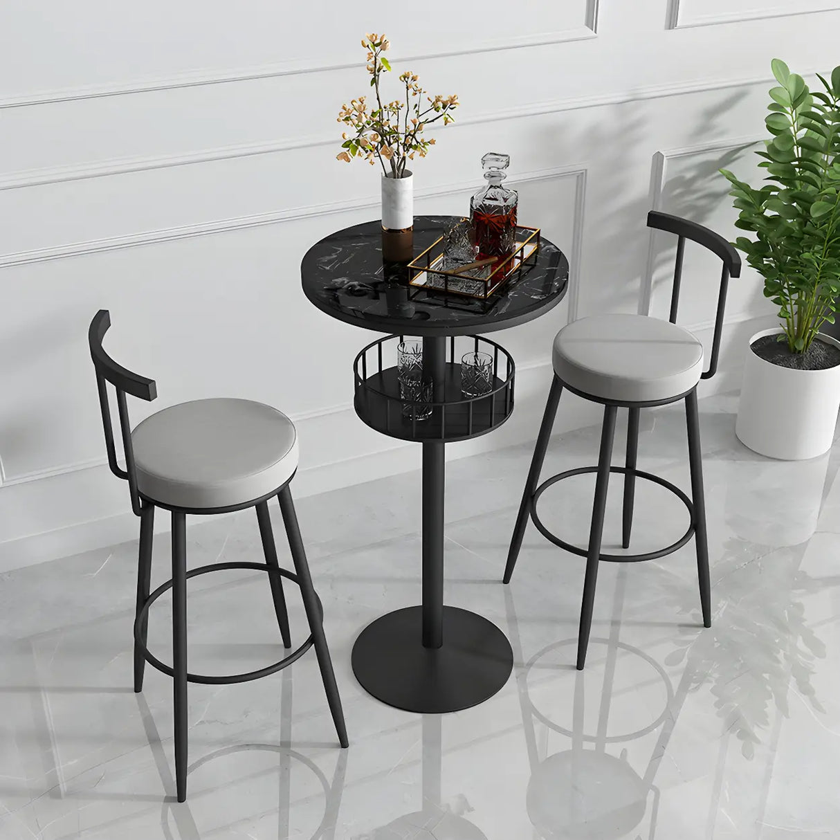 Glam Small Marble Metal Bar Table with Shelf Image - 9