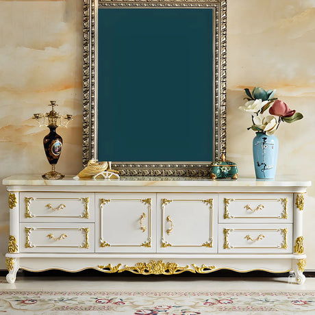 Glam Stone Oak White Wood TV Stand with Storage Image - 1