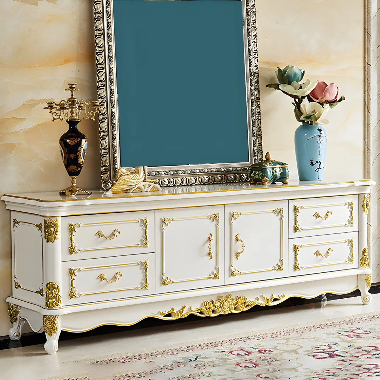 Glam Stone Oak White Wood TV Stand with Storage Image - 6