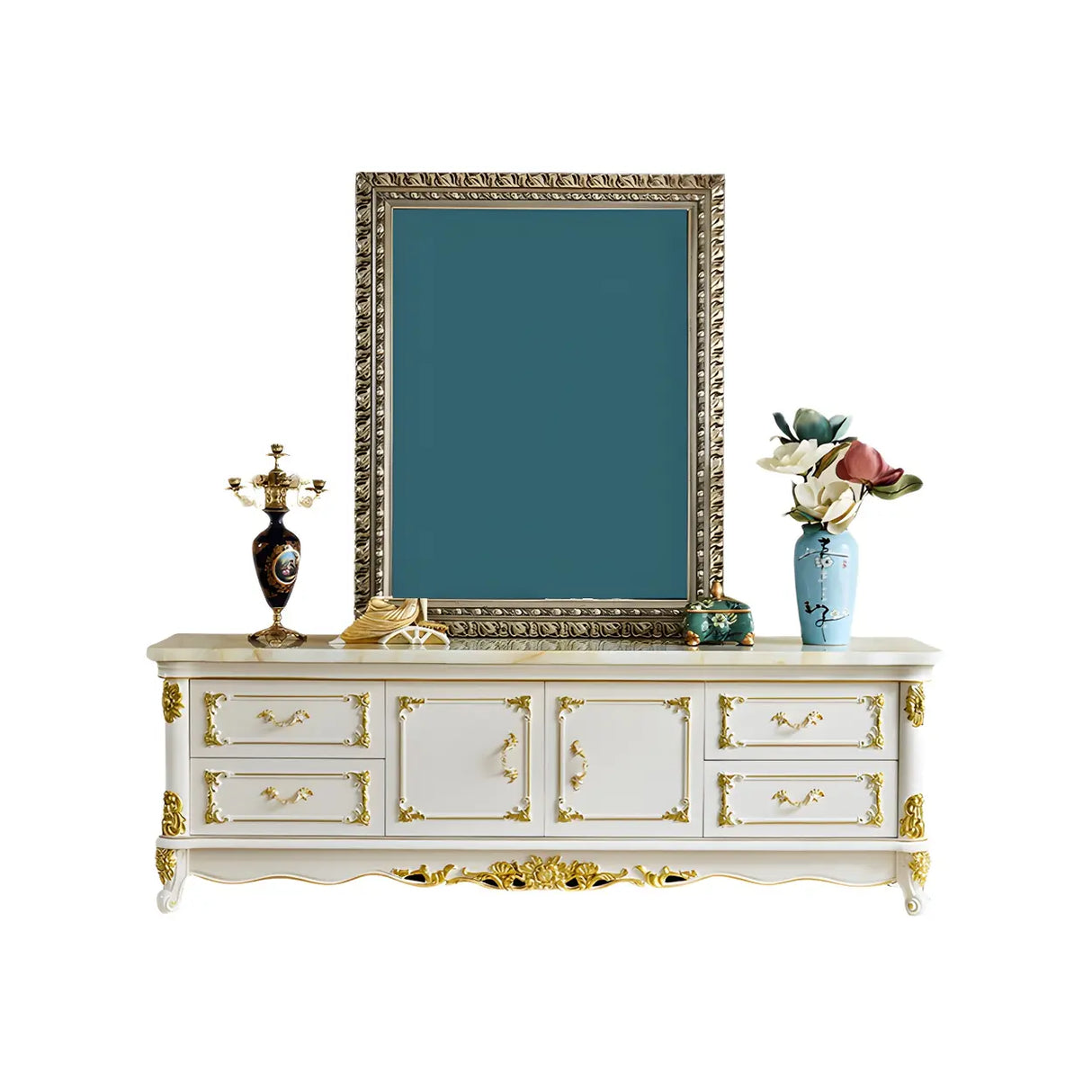 Glam Stone Oak White Wood TV Stand with Storage Image - 7