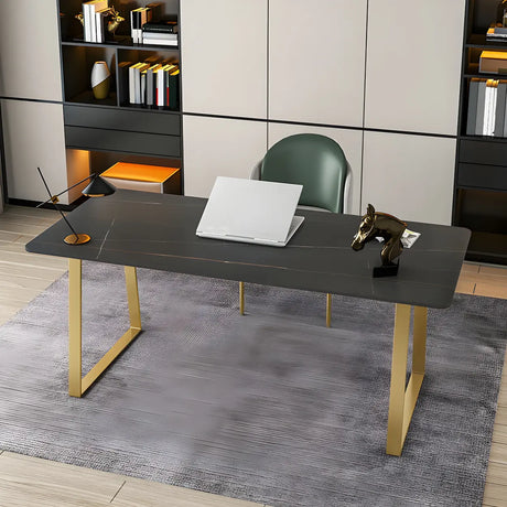 Glam Stone Rectangular Metal Gold Sled Writing Desk Image - 2
