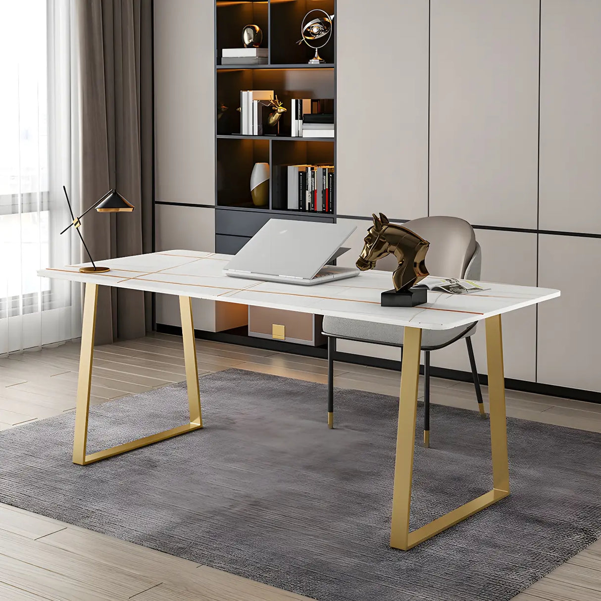 Glam Stone Rectangular Metal Gold Sled Writing Desk Image - 3