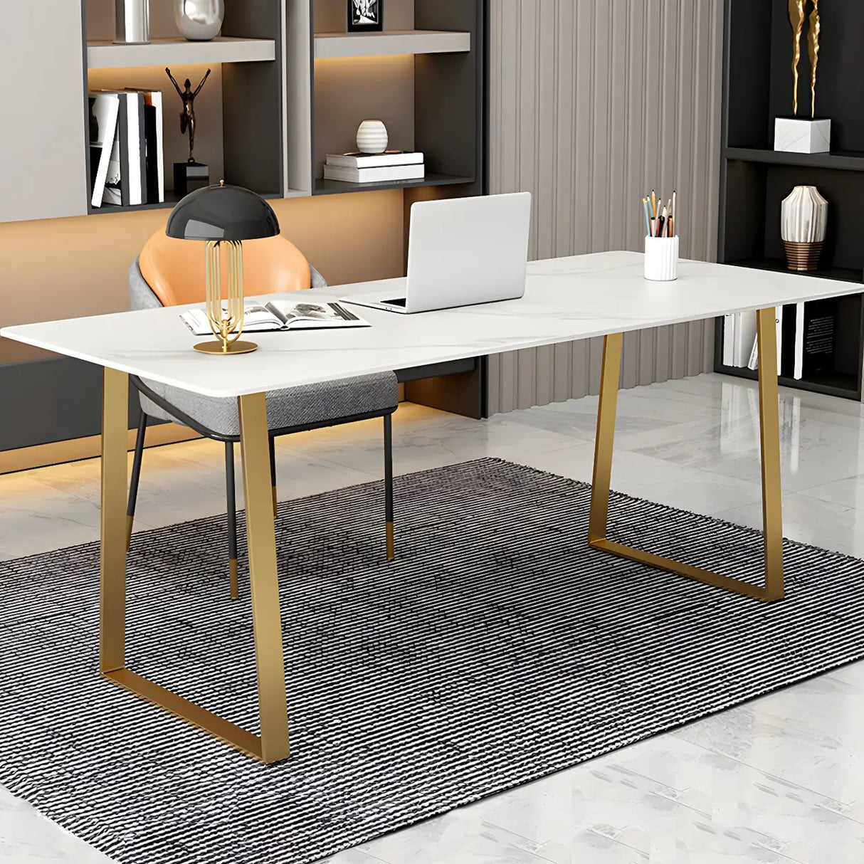 Glam Stone Rectangular Metal Gold Sled Writing Desk Image - 4