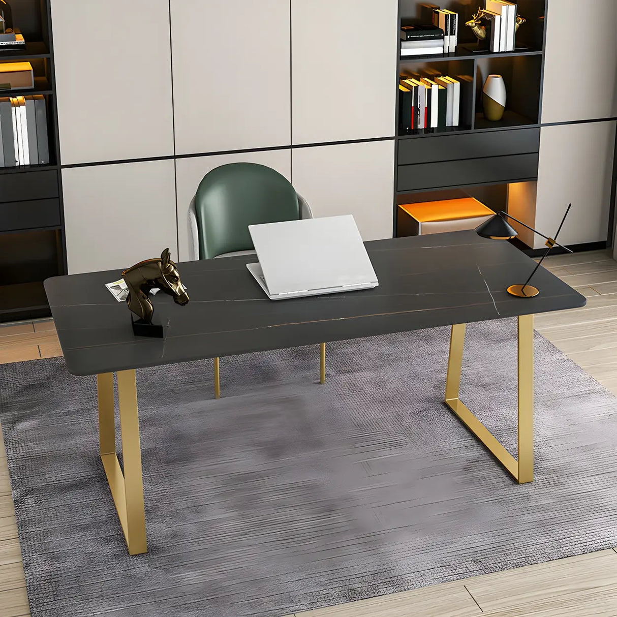 Glam Stone Rectangular Metal Gold Sled Writing Desk Image - 5