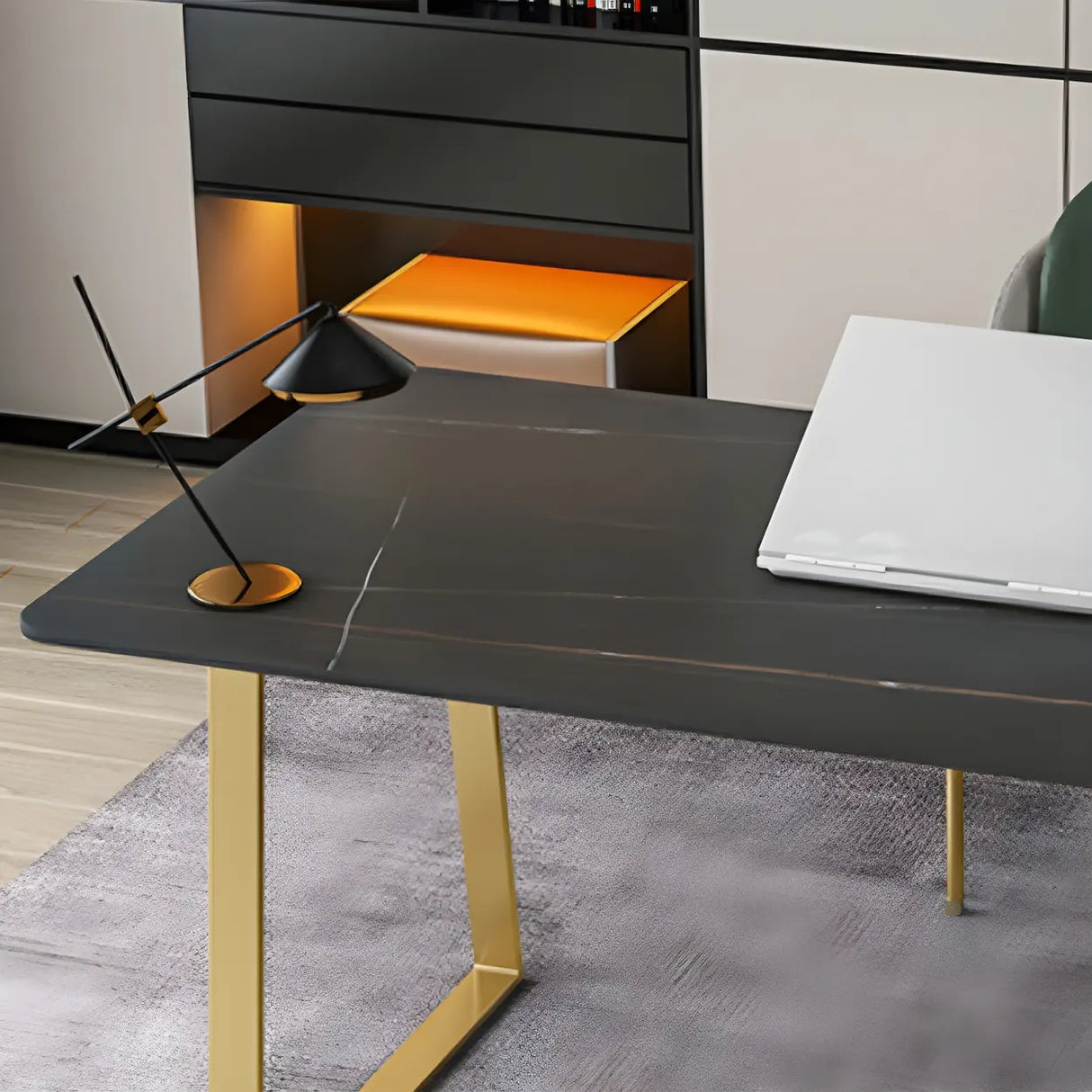 Glam Stone Rectangular Metal Gold Sled Writing Desk Image - 6