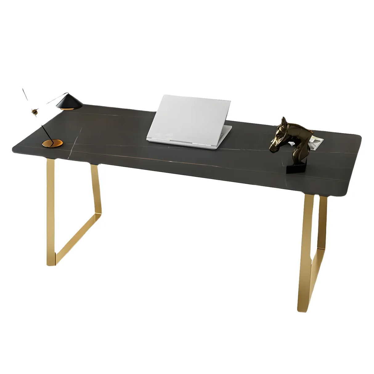 Glam Stone Rectangular Metal Gold Sled Writing Desk Image - 7