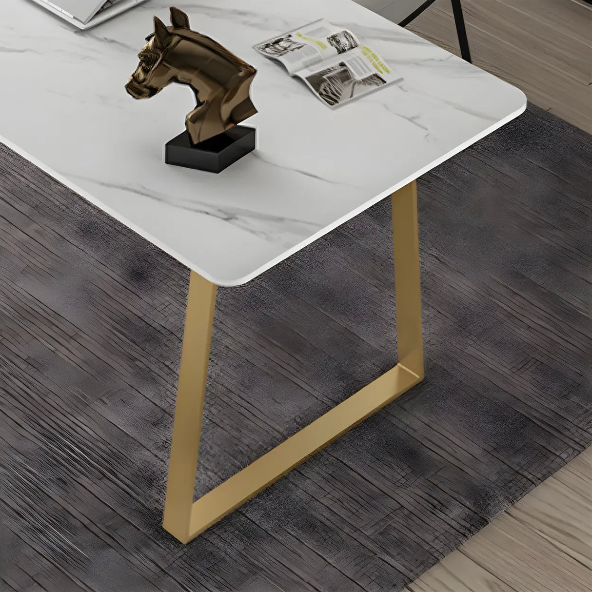 Glam Stone Rectangular Metal Gold Sled Writing Desk Image - 8