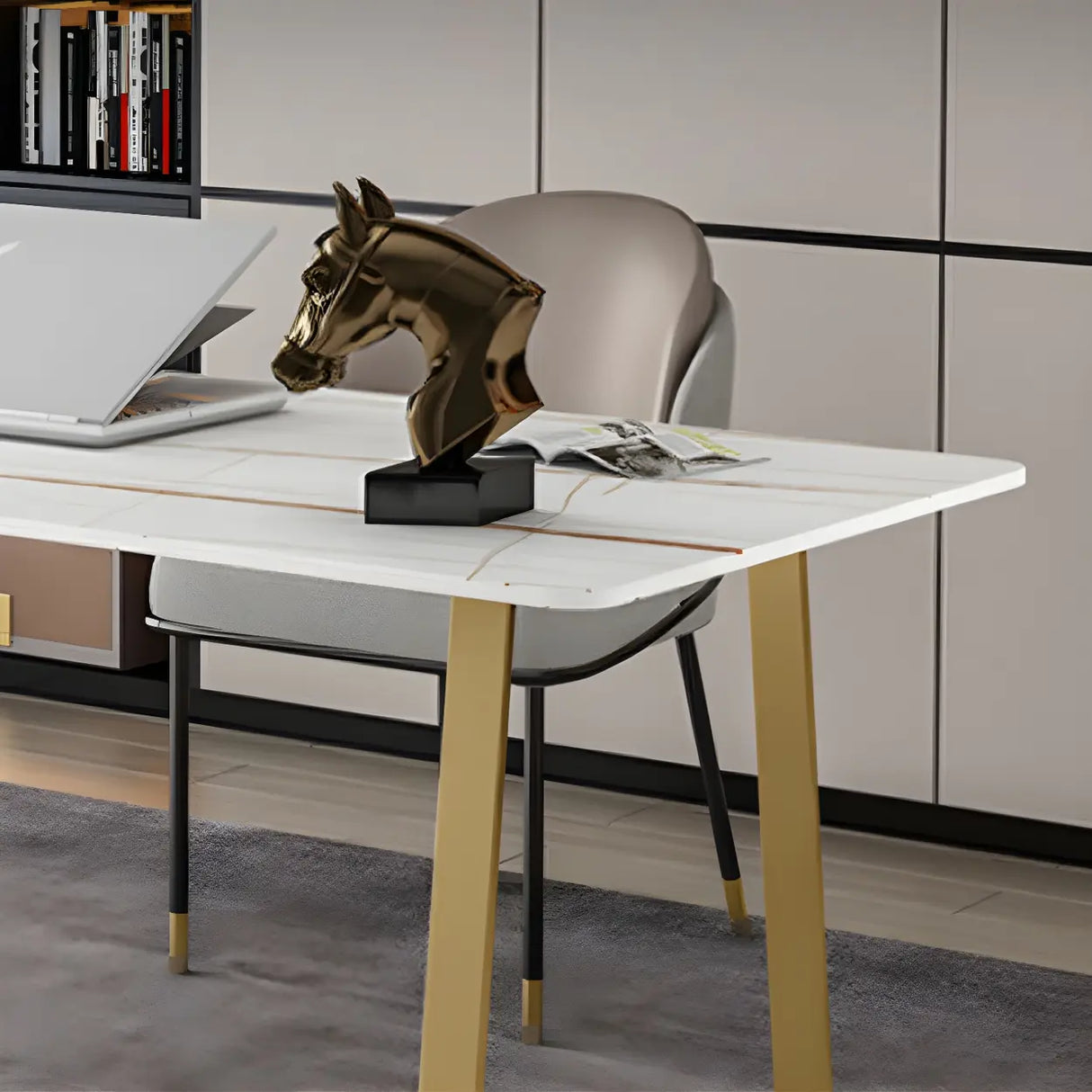 Glam Stone Rectangular Metal Gold Sled Writing Desk Image - 9