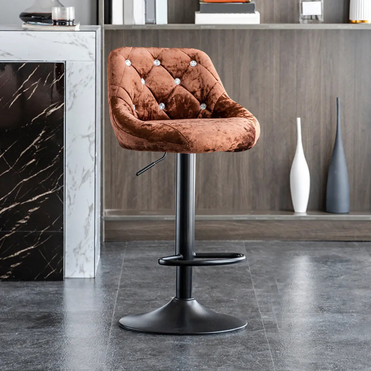 Glam Velvet Upholstered Adjustable Swivel Bucket Back Bar Stool Image - 2