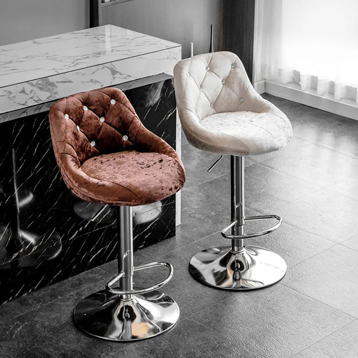 Glam Velvet Upholstered Adjustable Swivel Bucket Back Bar Stool Image - 7