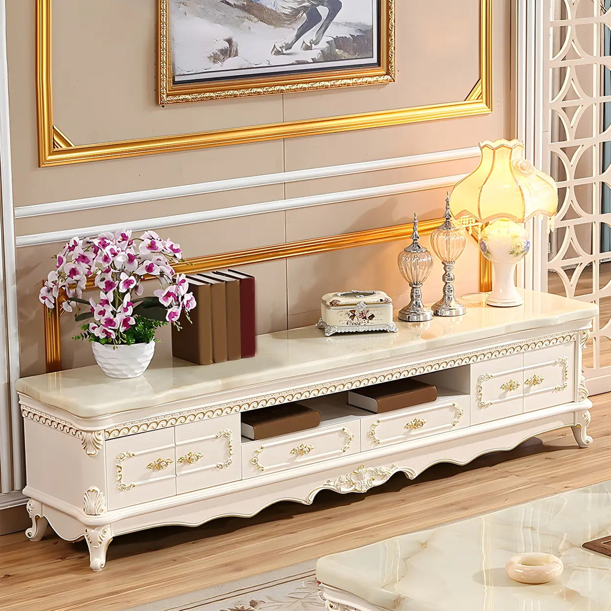 Glam Vintage White Wood Rectangular TV Stand with Drawers Image - 1