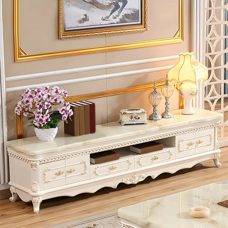 Glam Vintage White Wood Rectangular TV Stand with Drawers Image - 1