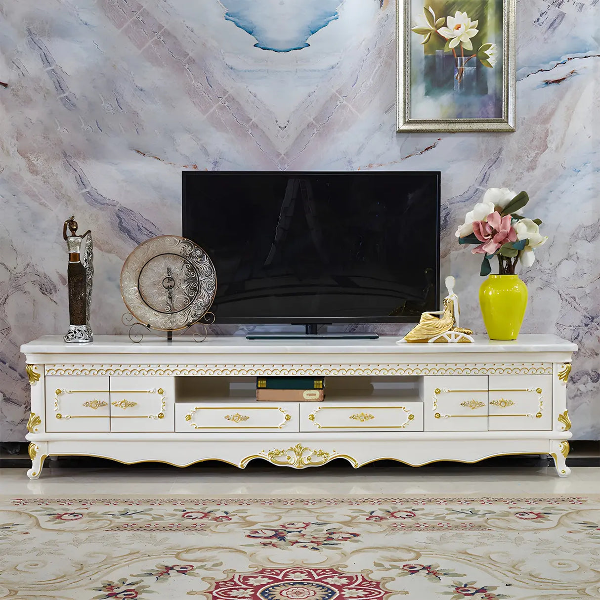 Glam Vintage White Wood Rectangular TV Stand with Drawers Image - 3