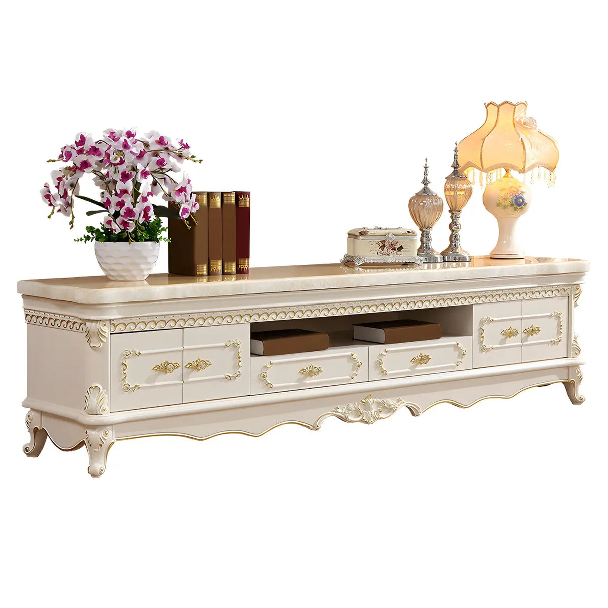 Glam Vintage White Wood Rectangular TV Stand with Drawers Image - 5