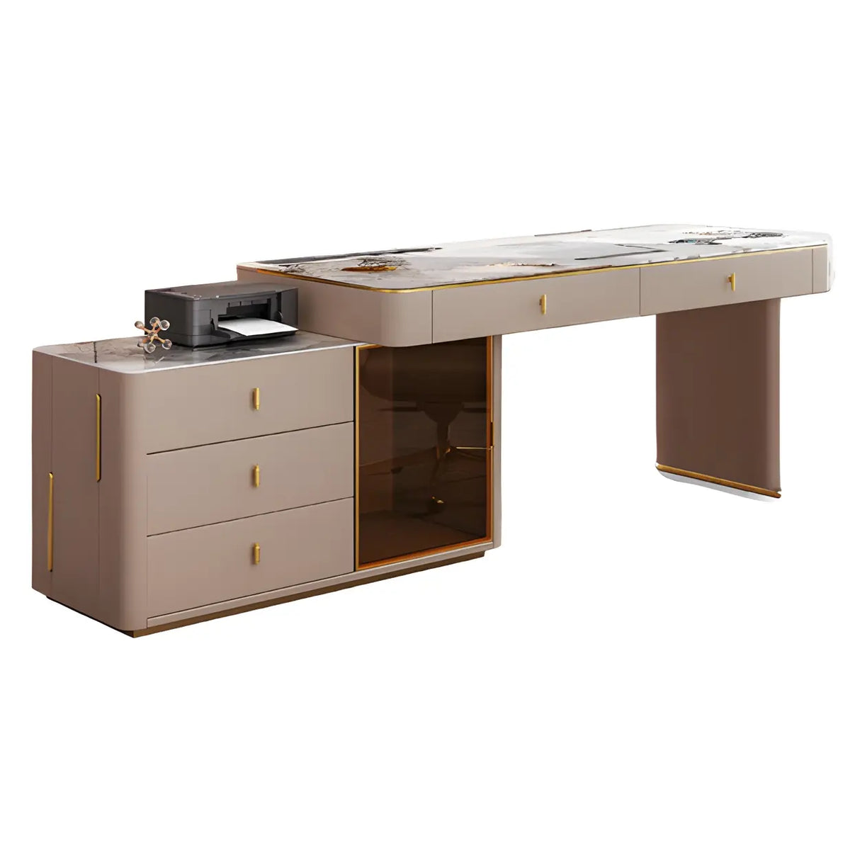 Glam White Glass Stone L-Shape Storage Executive Desk Image - 10