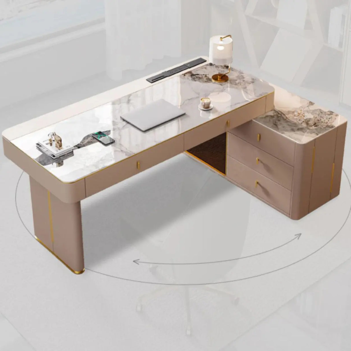 Glam White Glass Stone L-Shape Storage Executive Desk Image - 11
