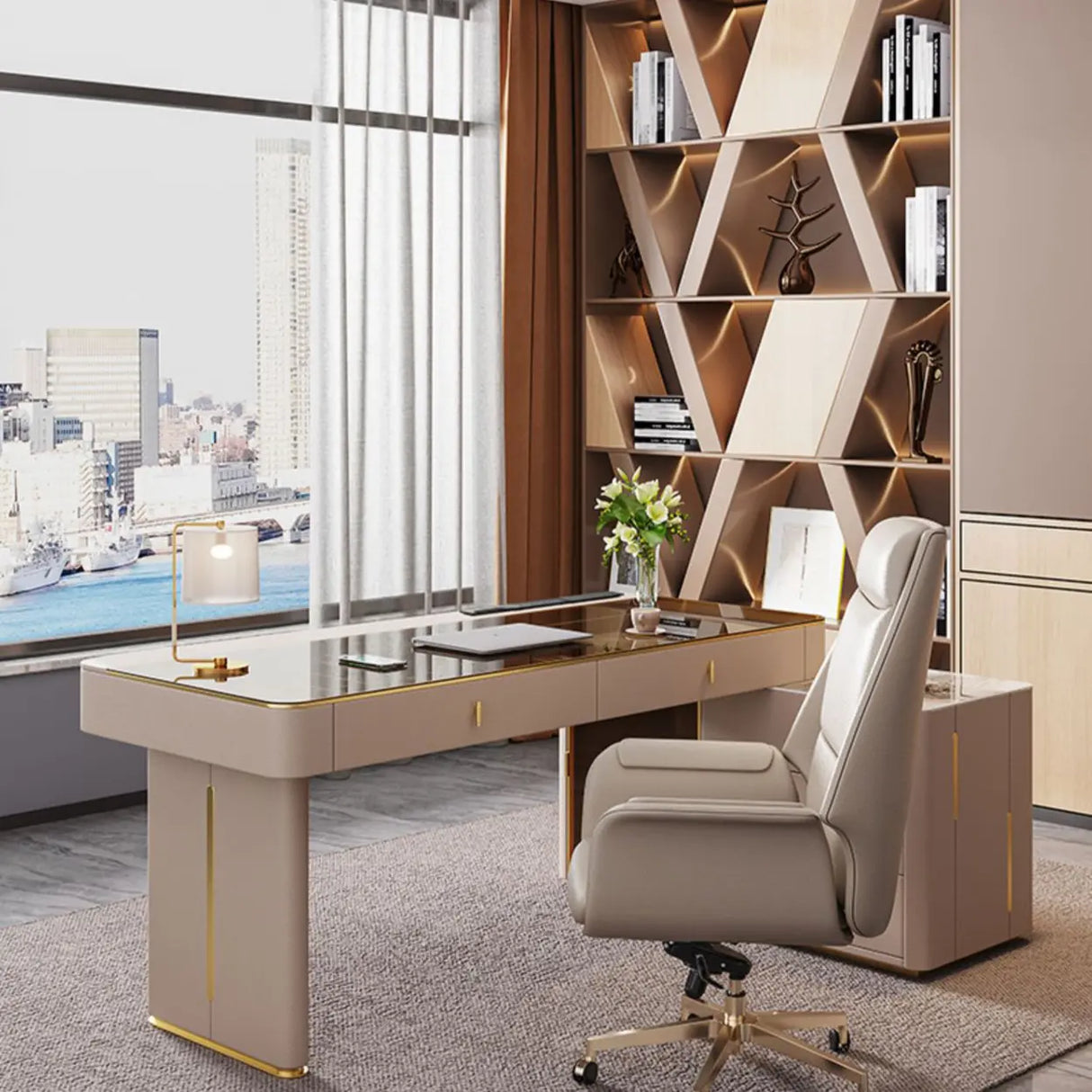 Glam White Glass Stone L-Shape Storage Executive Desk Image - 12