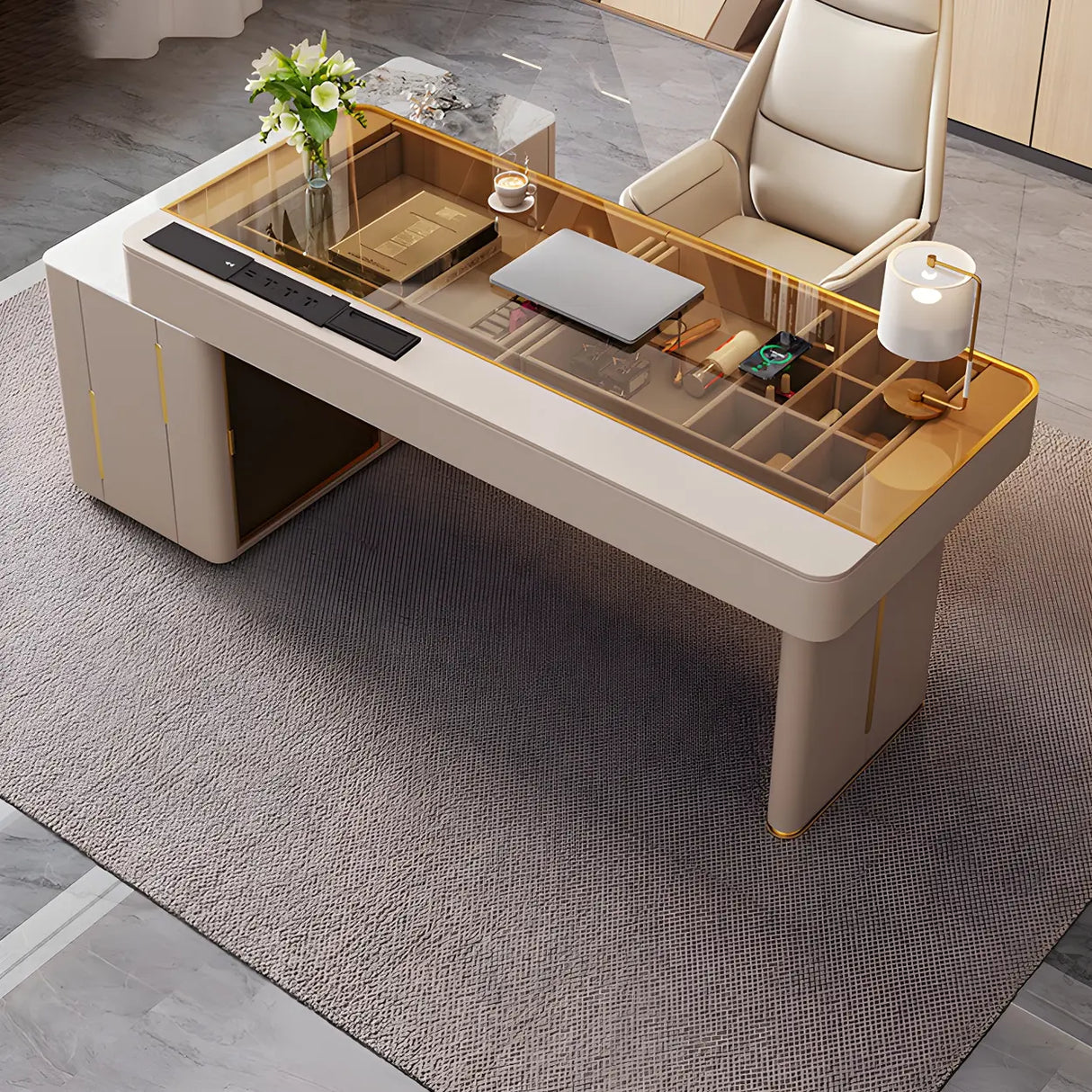 Glam White Glass Stone L-Shape Storage Executive Desk Image - 13