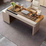 Glam White Glass Stone L-Shape Storage Executive Desk Image - 13