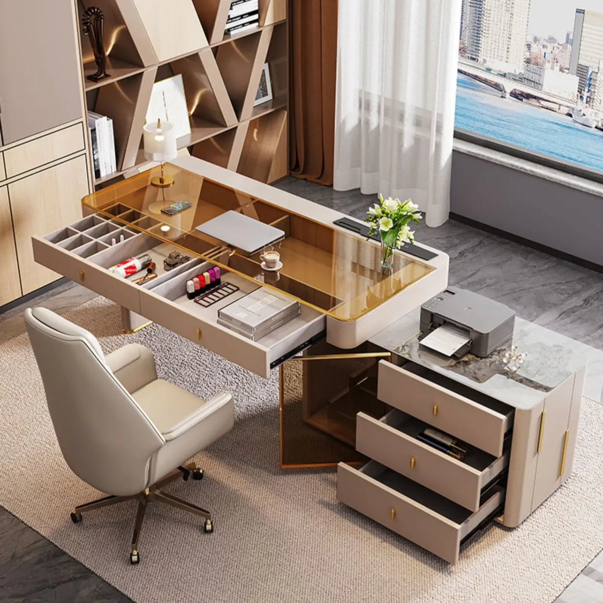 Glam White Glass Stone L-Shape Storage Executive Desk Image - 14