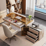 Glam White Glass Stone L-Shape Storage Executive Desk Image - 14