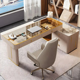 Glam White Glass Stone L-Shape Storage Executive Desk Image - 2