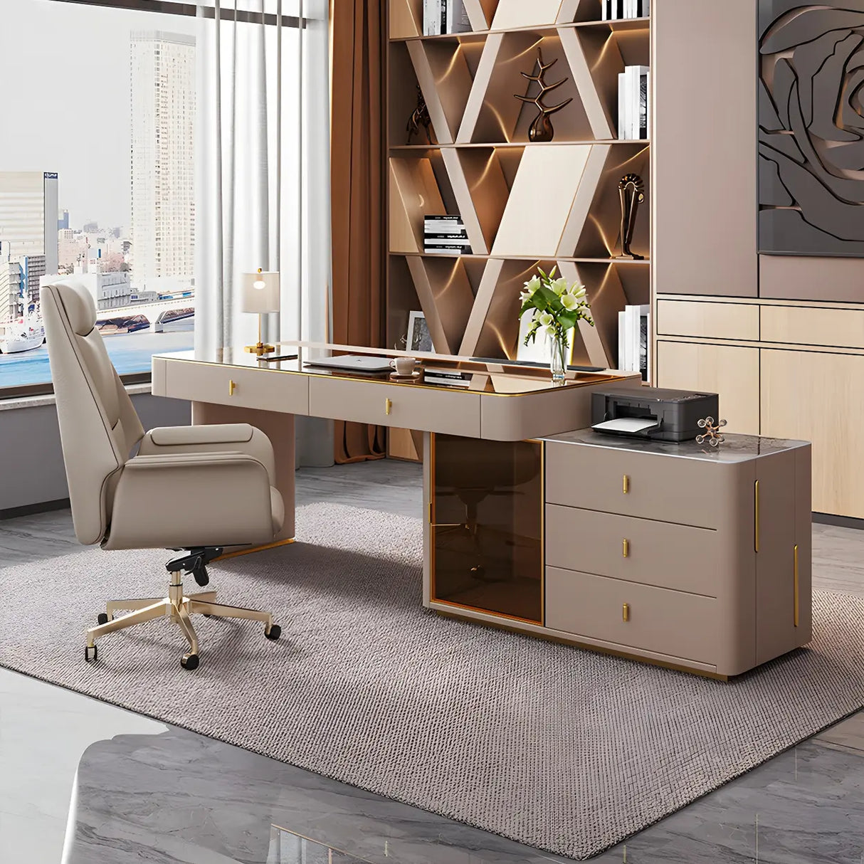 Glam White Glass Stone L-Shape Storage Executive Desk Image - 3