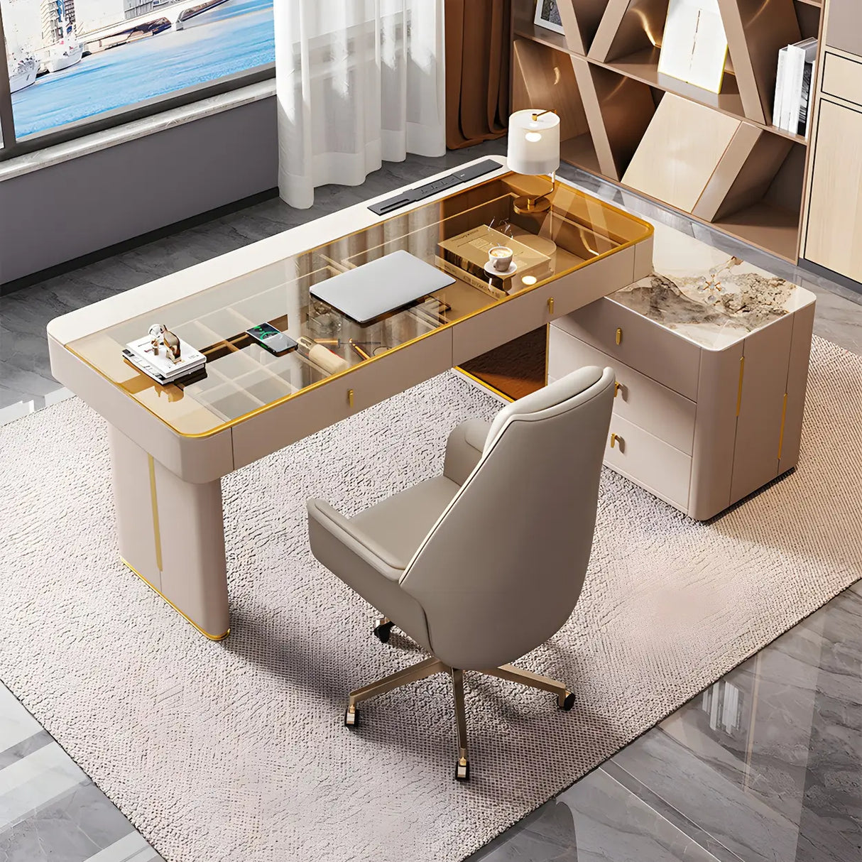 Glam White Glass Stone L-Shape Storage Executive Desk Image - 4